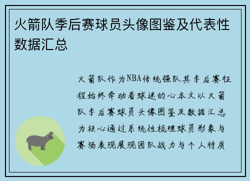 火箭队季后赛球员头像图鉴及代表性数据汇总